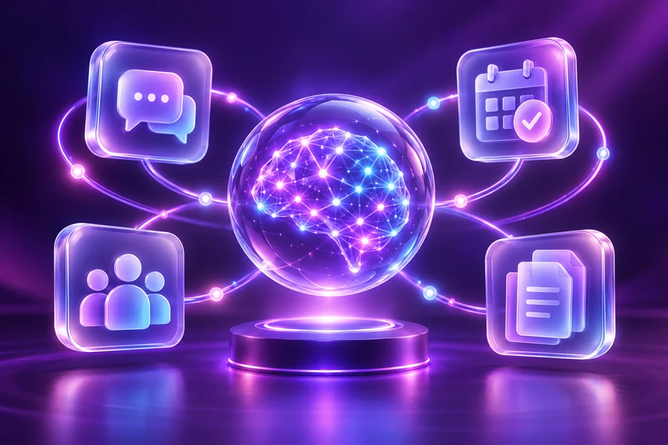 Il·lustració d’intel·ligència artificial connectada amb missatges, agenda, contactes i documents